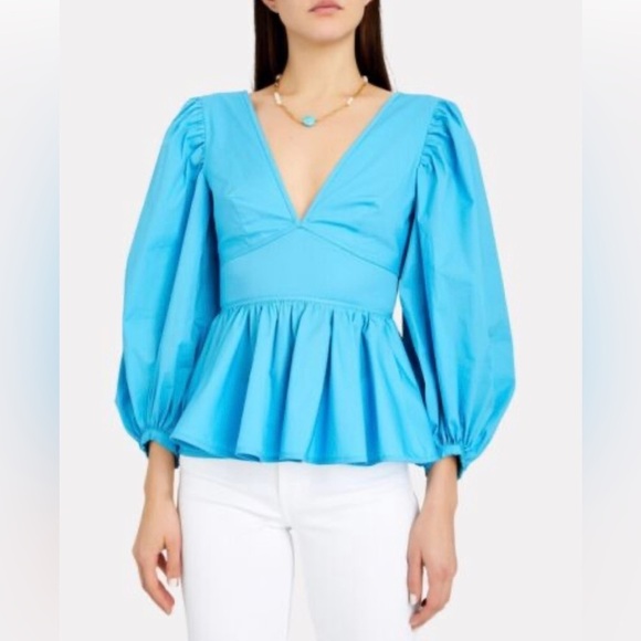 STAUD Luna Puff Sleeve Peplum Top Bright Blue Size 00 NEW WITH TAGS Retail 225 - Picture 1 of 10
